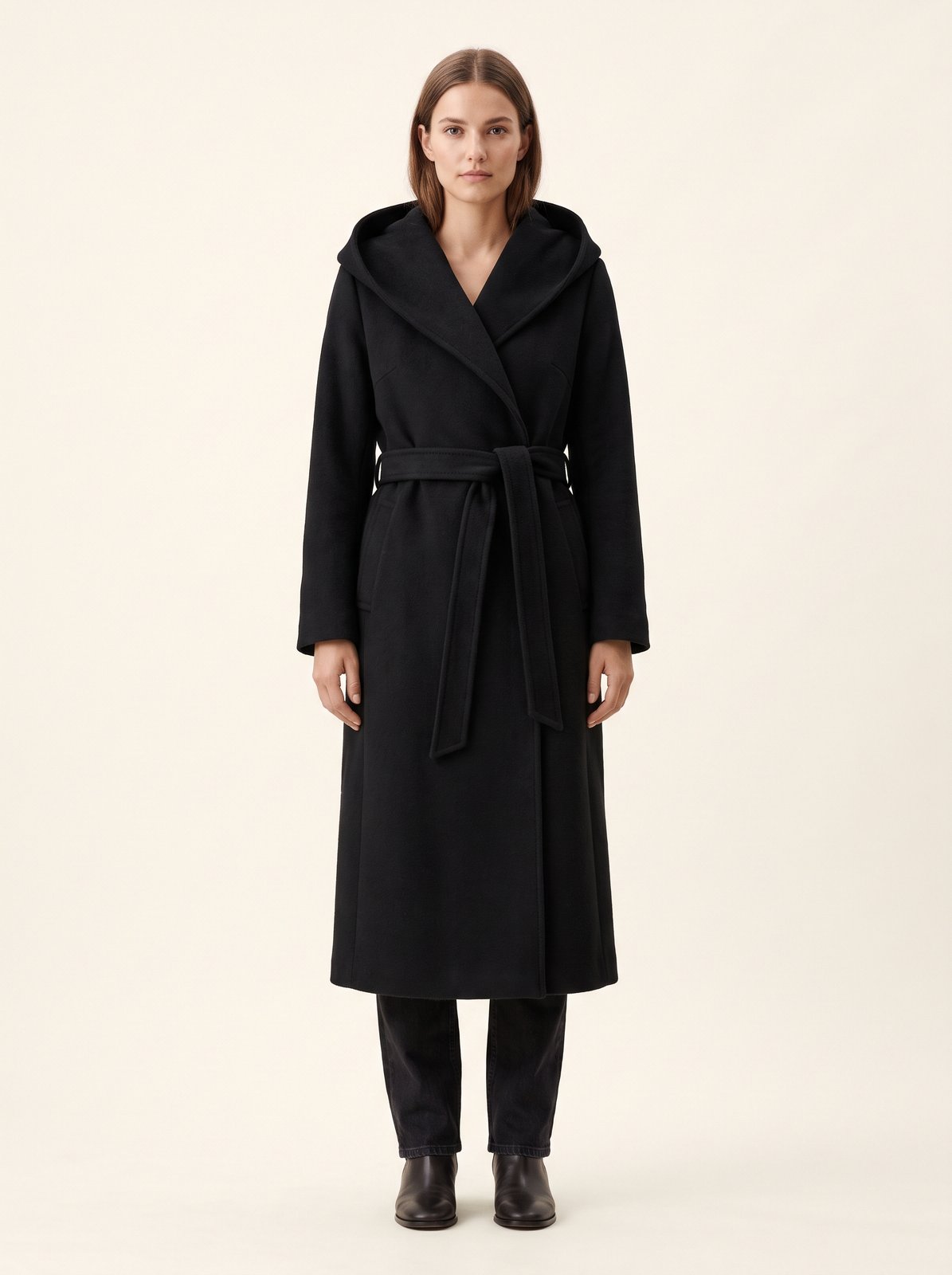 Black hooded belted longline winter coat by The Lode Lane