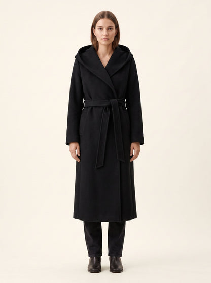 Black hooded belted longline winter coat by The Lode Lane