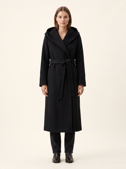 Black hooded belted longline winter coat by The Lode Lane