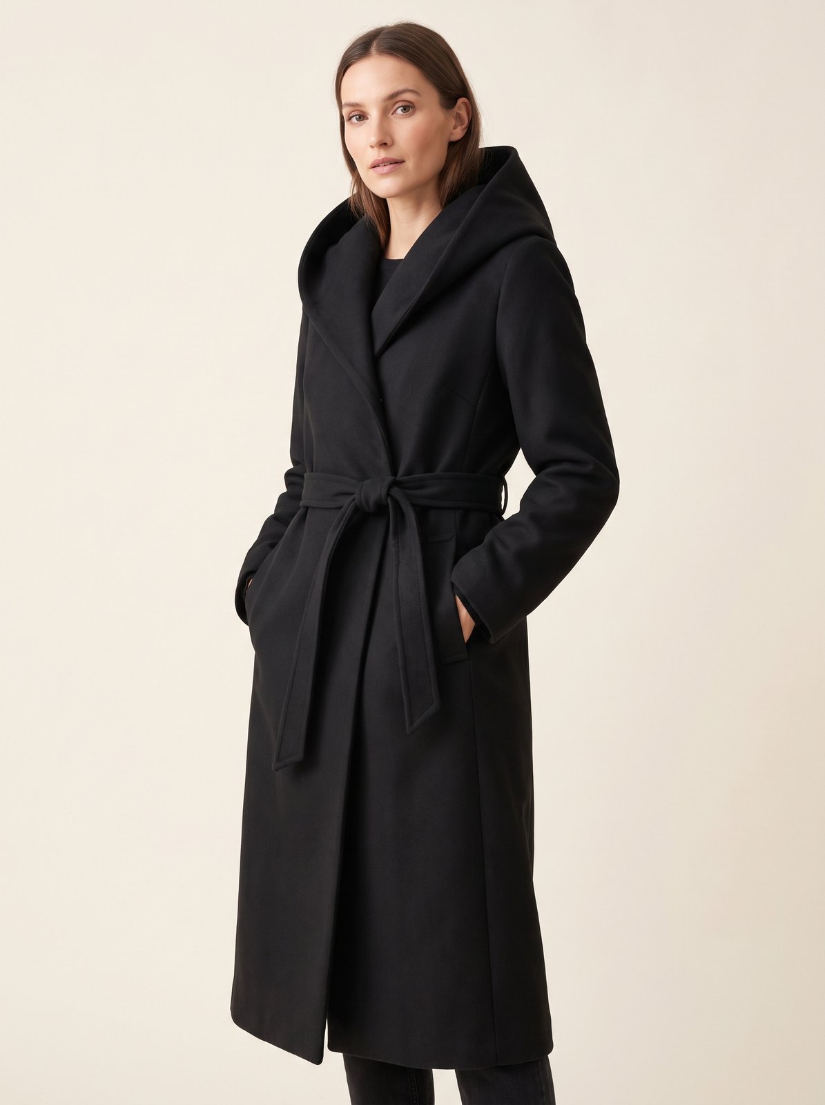 Black hooded belted longline winter coat by The Lode Lane