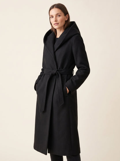 Black hooded belted longline winter coat by The Lode Lane