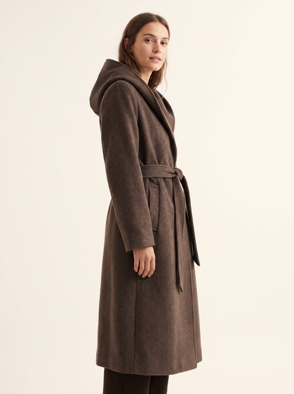 Espresso brown hooded belted longline winter coat by The Lode Lane