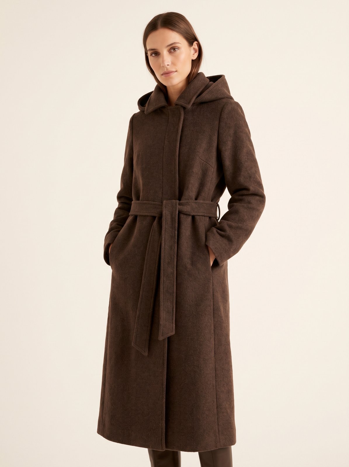 Espresso brown hooded belted longline winter coat by The Lode Lane