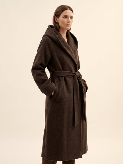 Espresso brown hooded belted longline winter coat by The Lode Lane