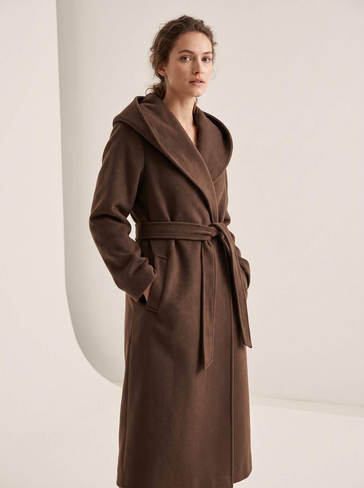 Espresso brown hooded belted longline winter coat by The Lode Lane