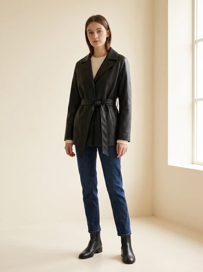 Black belted faux leather jacket by Lode Lane