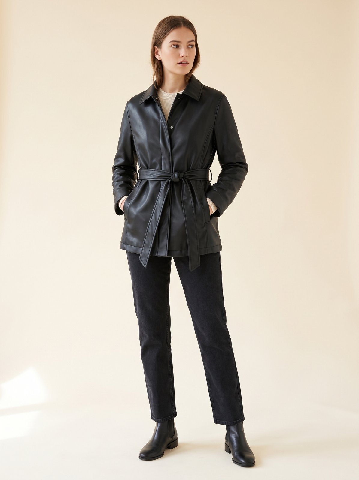 Black belted faux leather jacket by Lode Lane