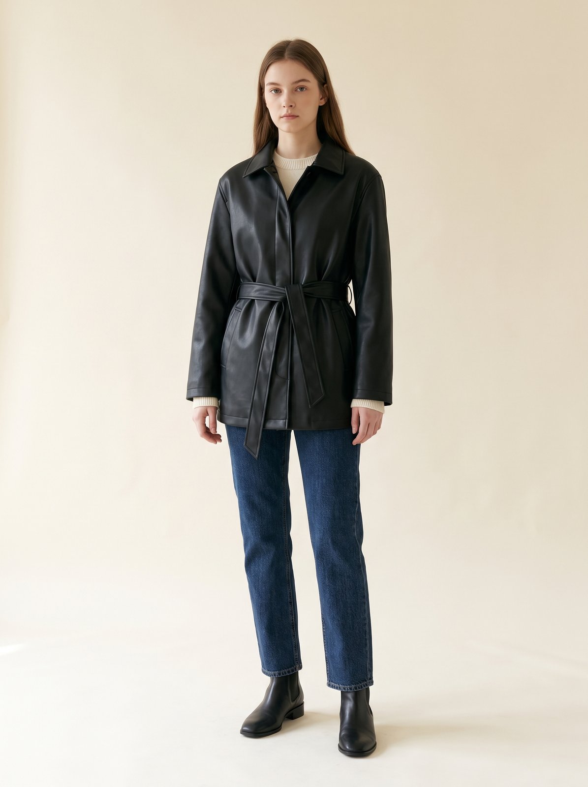 Black belted faux leather jacket by Lode Lane