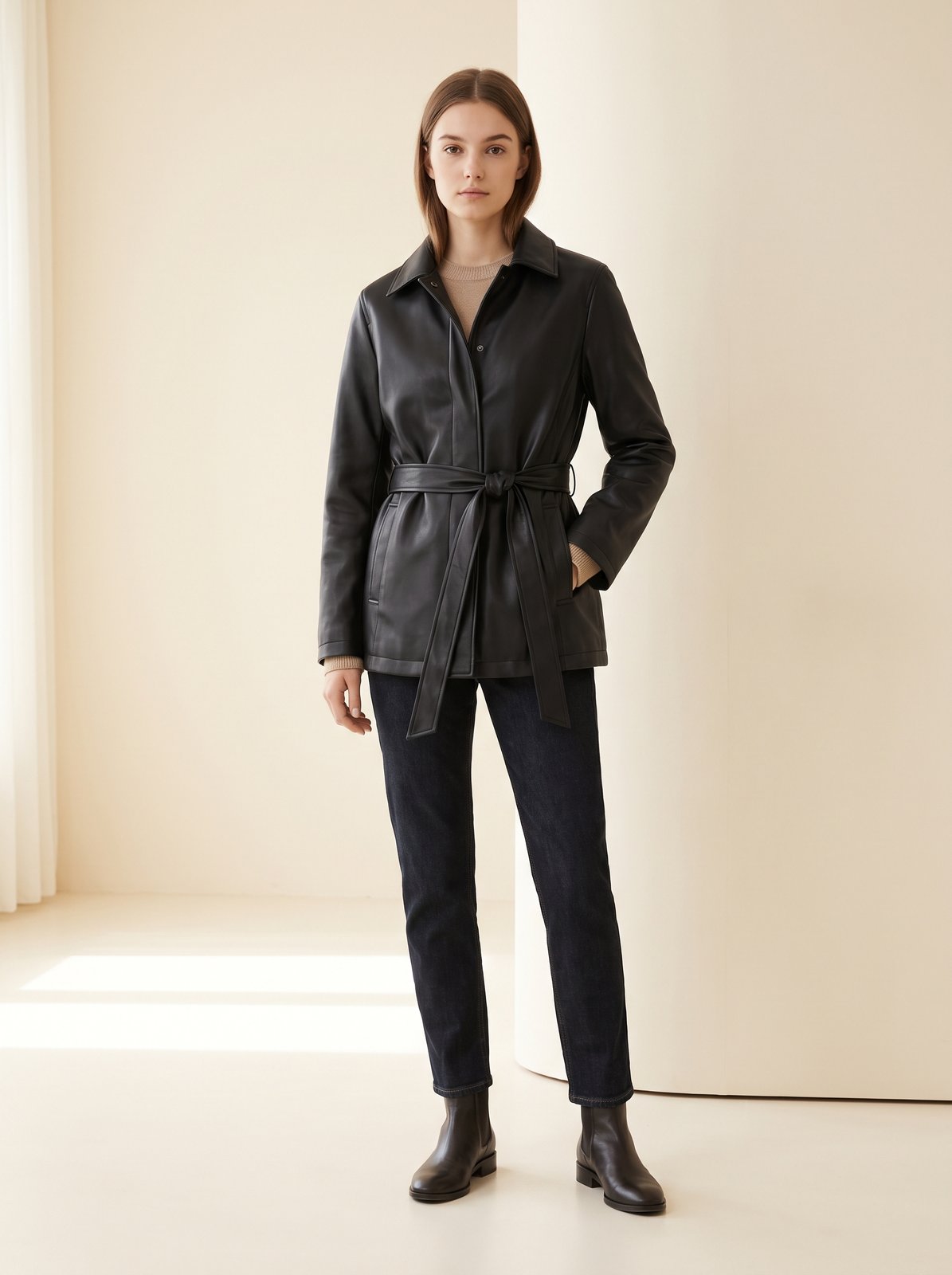 Black belted faux leather jacket by Lode Lane