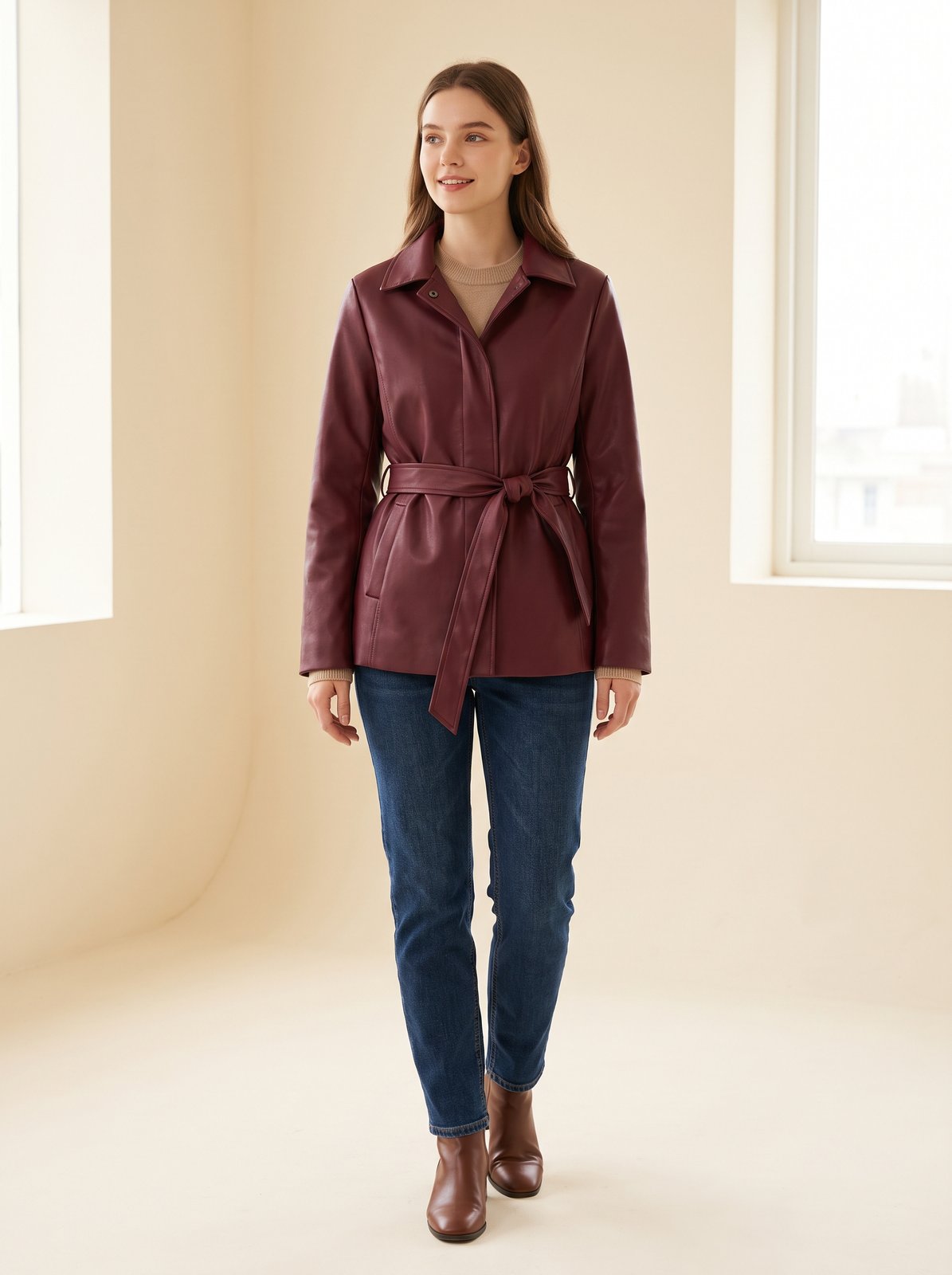 Burgundy belted faux leather jacket by Lode Lane