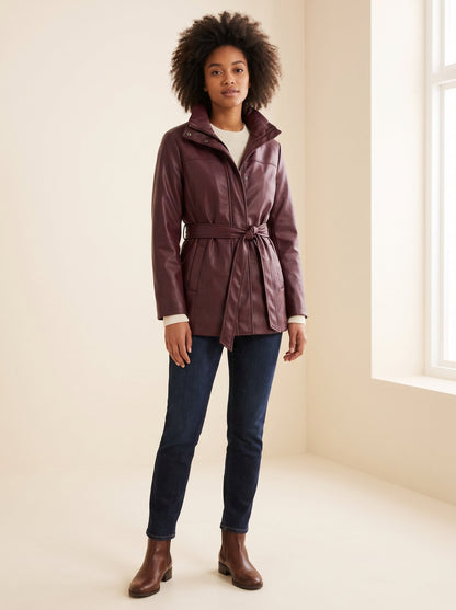 Burgundy belted faux leather jacket by Lode Lane
