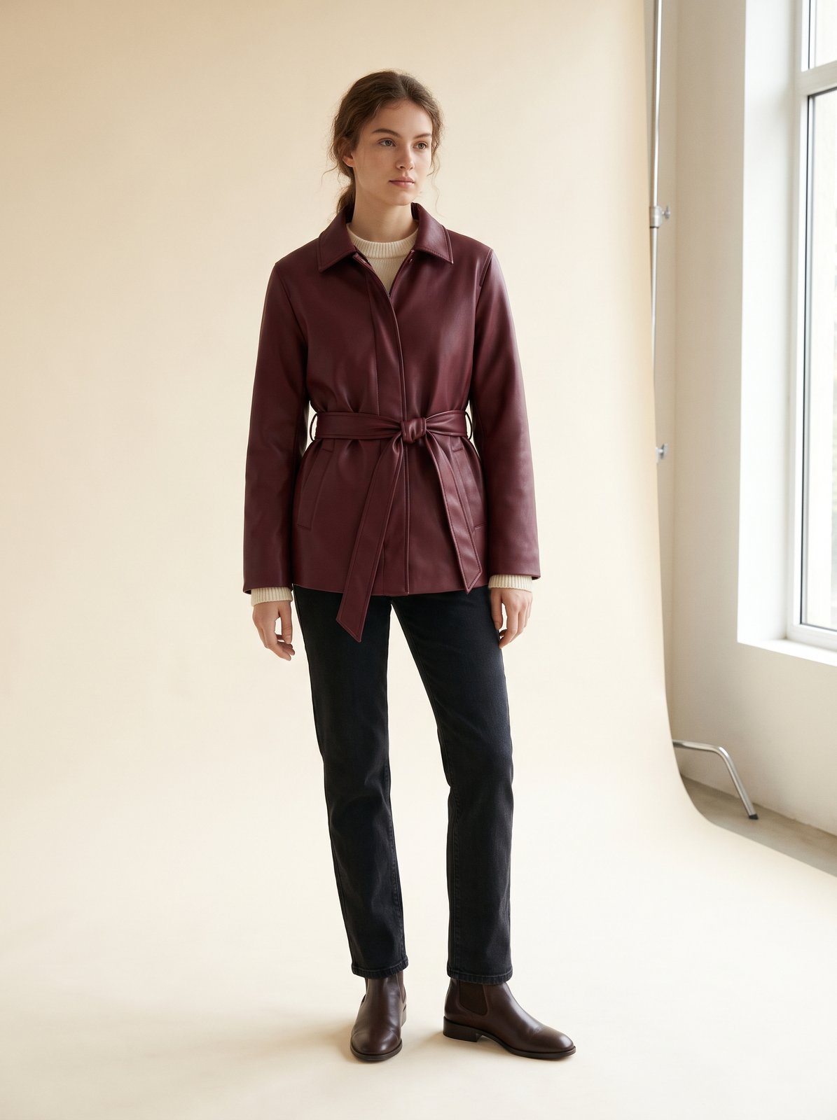 Burgundy belted faux leather jacket by Lode Lane