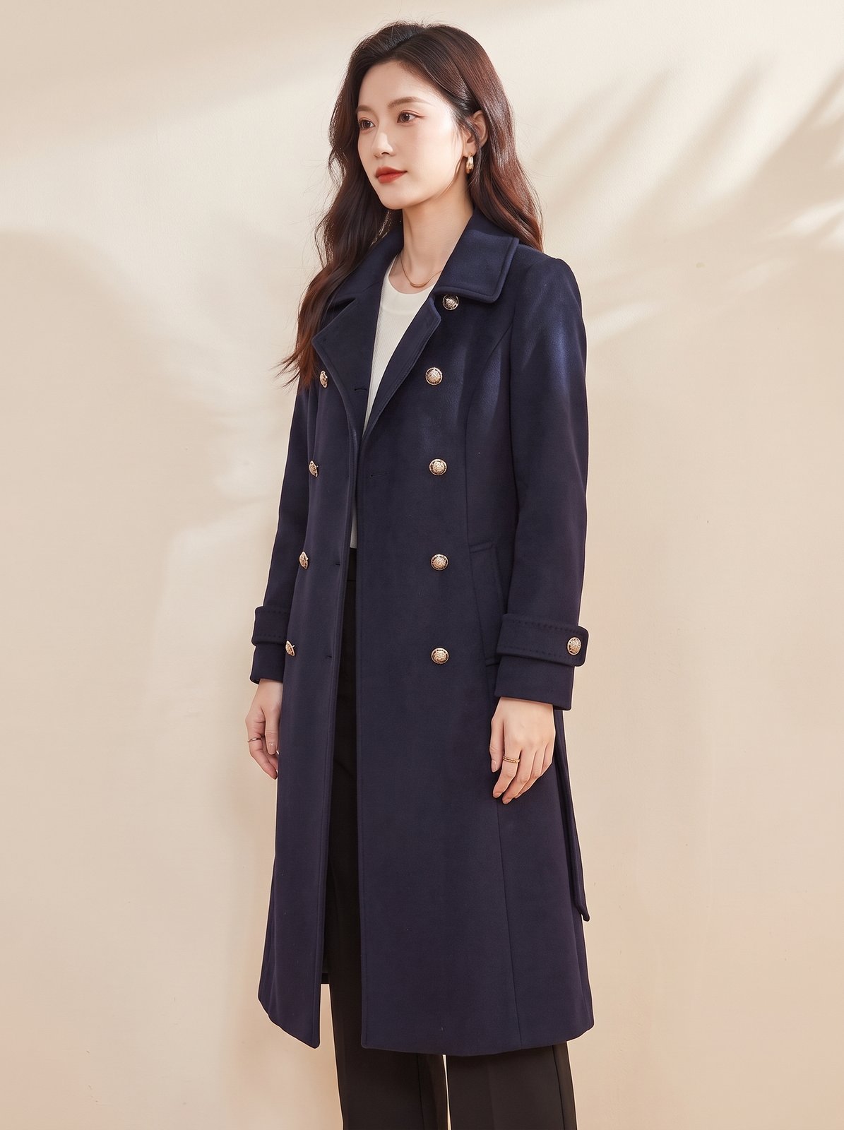 Ines Navy Double Breasted Winter Coat - three-quarter side view