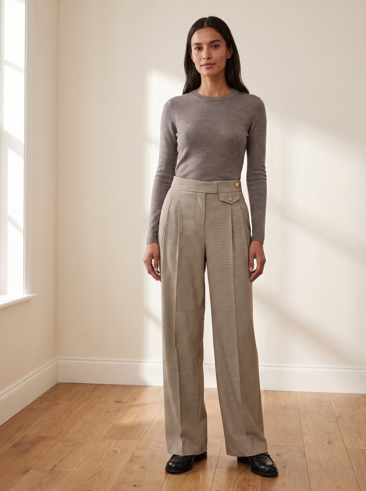 Agnes Tailored Brown Houndstooth Trousers by The Lode Lane