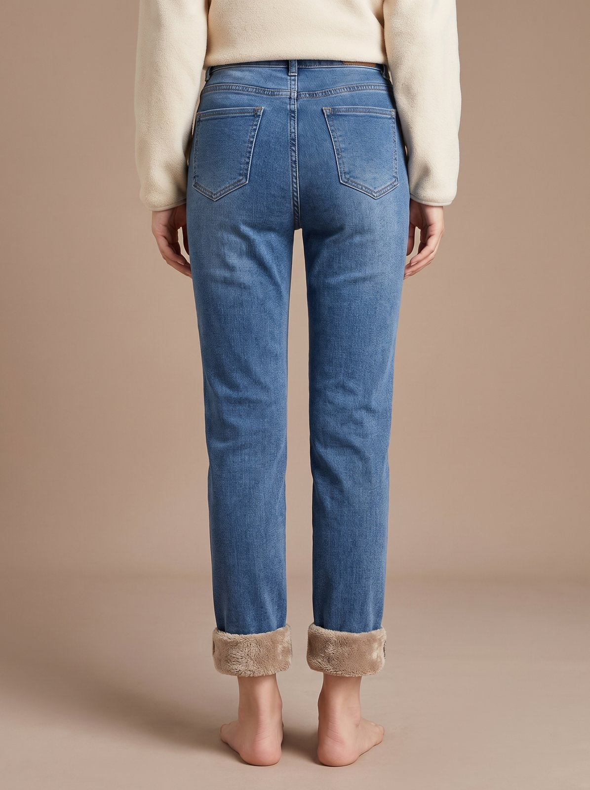 Blue fleece-lined jeans back view by The Lode Lane