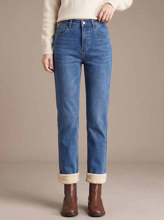 Blue fleece-lined straight-leg jeans by The Lode Lane