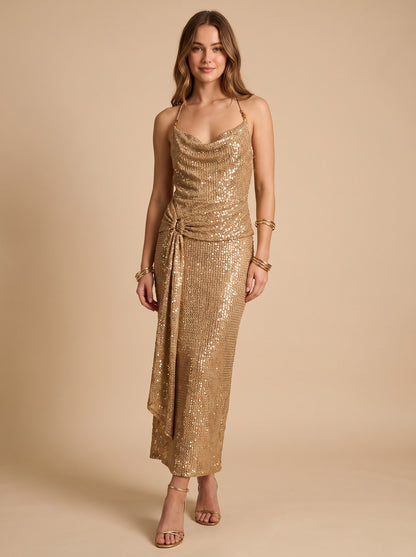 Fiona Glamorous Gold Midi Sequin Dress by The Lode Lane