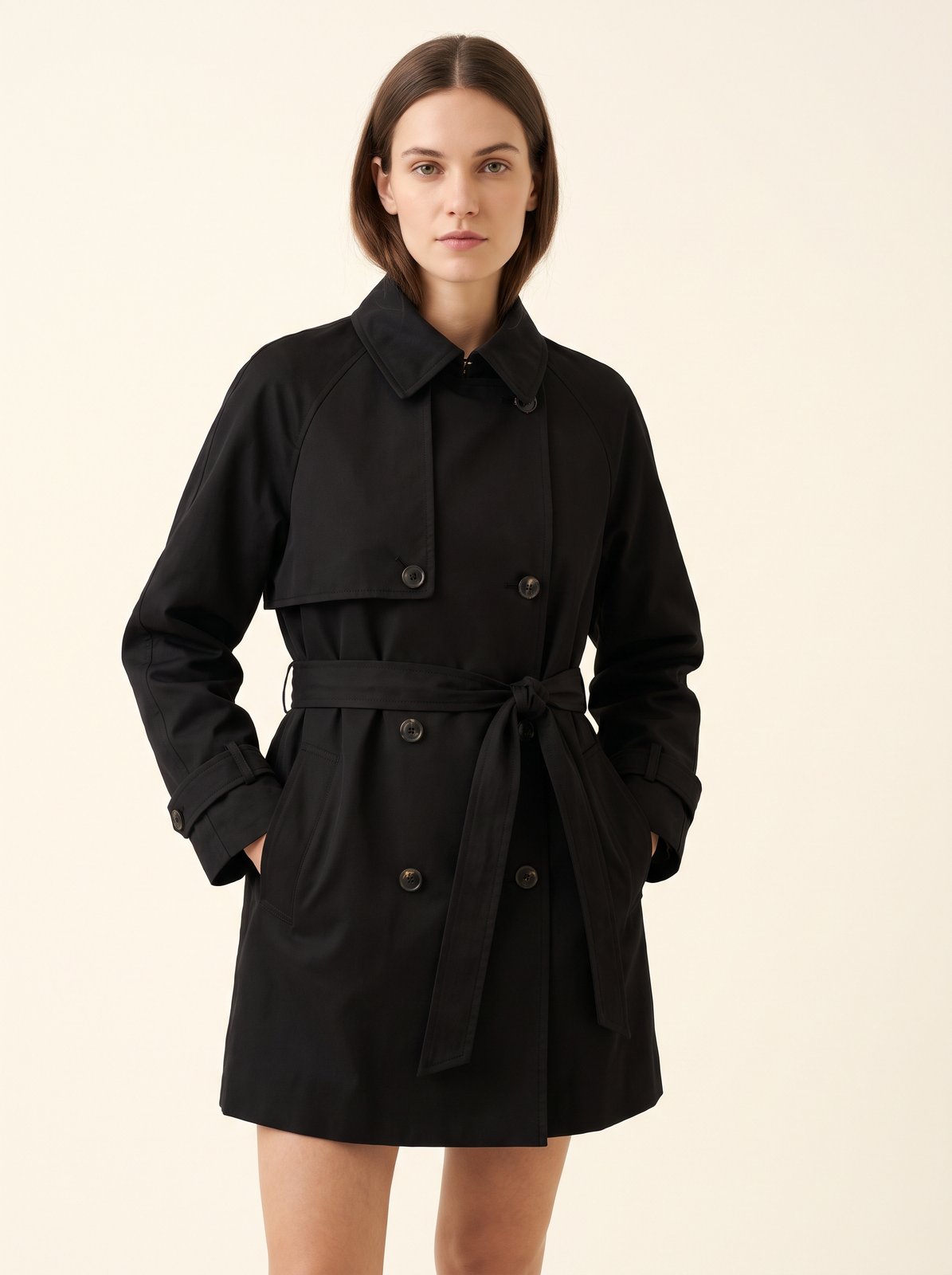 Black short belted trench coat by The Lode Lane