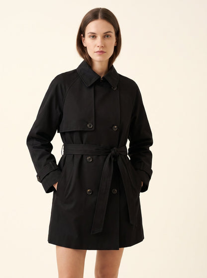 Black short belted trench coat by The Lode Lane