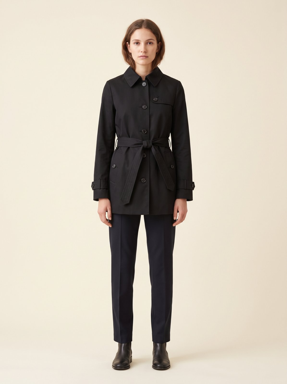 Black short belted trench coat by The Lode Lane