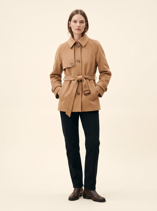 Camel short belted trench coat by The Lode Lane