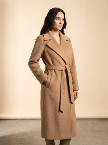 Harlow camel belted wrap winter coat by Lode Lane