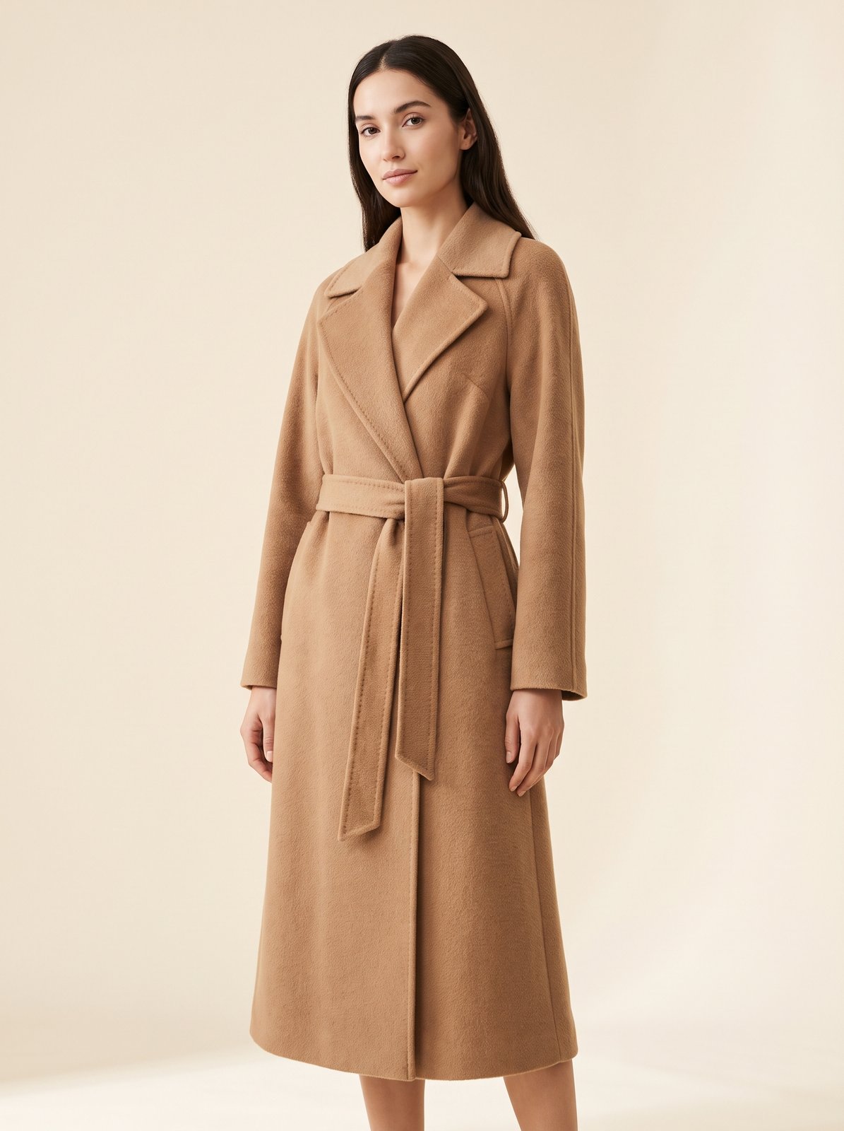 Harlow camel belted wrap winter coat by Lode Lane