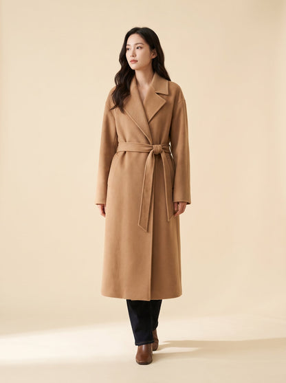 Harlow camel belted wrap winter coat by Lode Lane