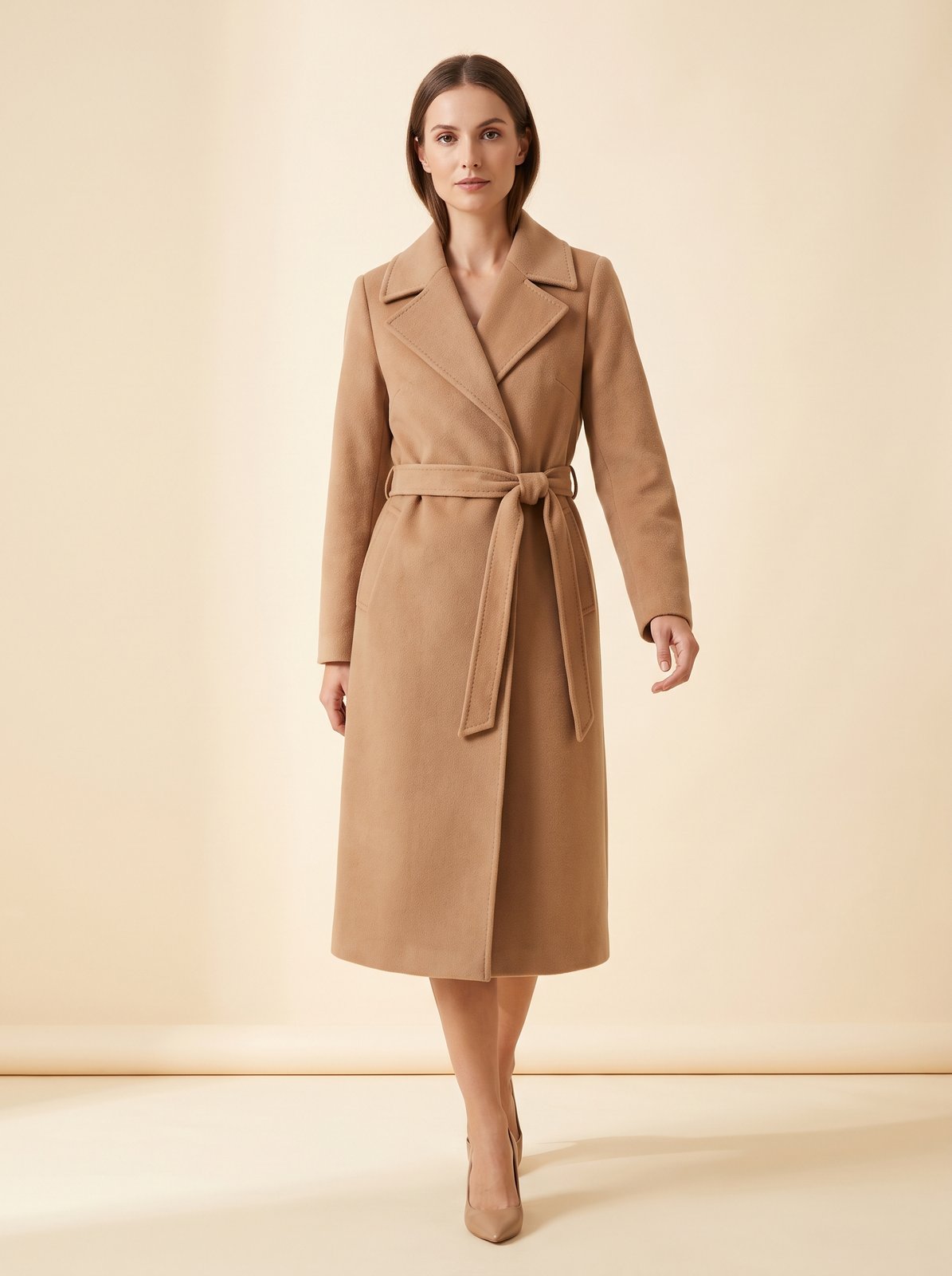 Harlow camel belted wrap winter coat by Lode Lane