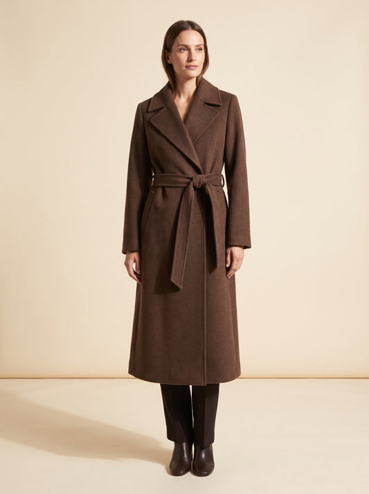 Harlow chocolate belted wrap winter coat by Lode Lane