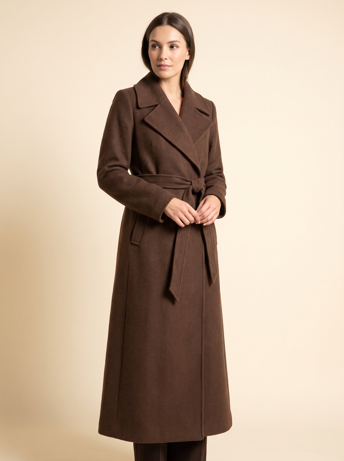 Harlow chocolate belted wrap winter coat by Lode Lane