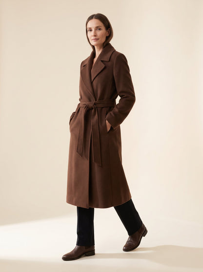 Harlow chocolate belted wrap winter coat by Lode Lane