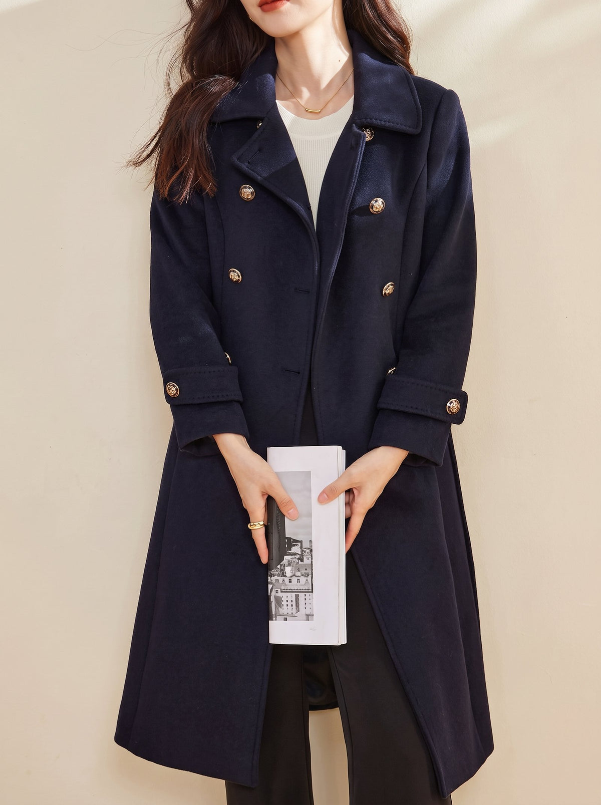 Ines navy double-breasted wool coat with gold buttons, front detail