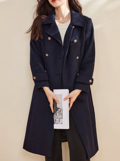 Ines navy double-breasted wool coat with gold buttons, front detail