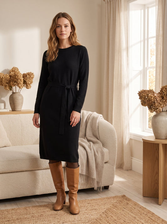 Black Belted Long Sleeve Sweater Dress by The Lode Lane
