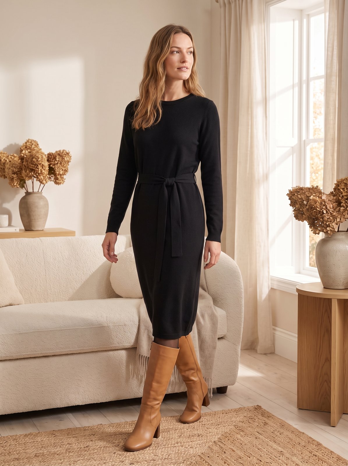Black Belted Long Sleeve Sweater Dress by The Lode Lane