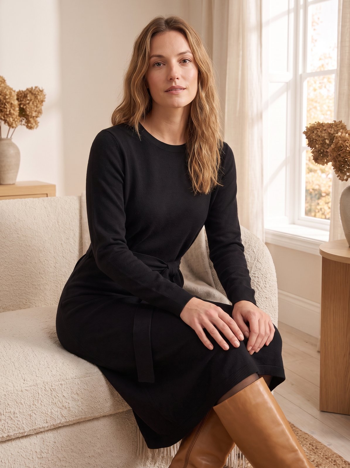 Black Belted Long Sleeve Sweater Dress by The Lode Lane