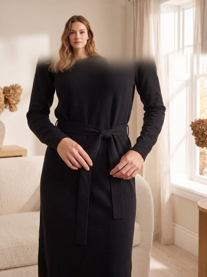 Black Belted Long Sleeve Sweater Dress by The Lode Lane