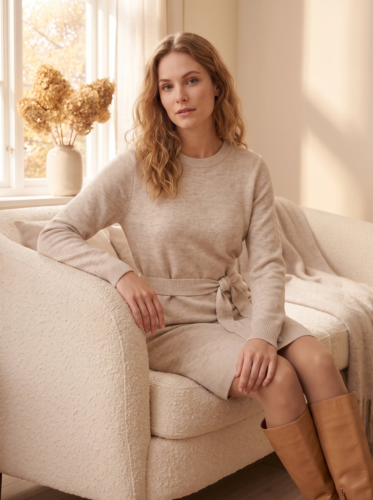 Oatmeal Belted Long Sleeve Sweater Dress by The Lode Lane