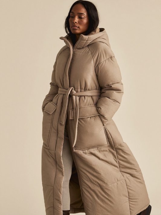 Taupe longline belted quilted puffer jacket by Lode Lane