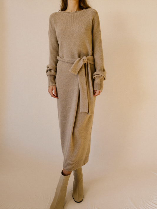 Camel ribbed belted knit sweater midi dress by Lode Lane