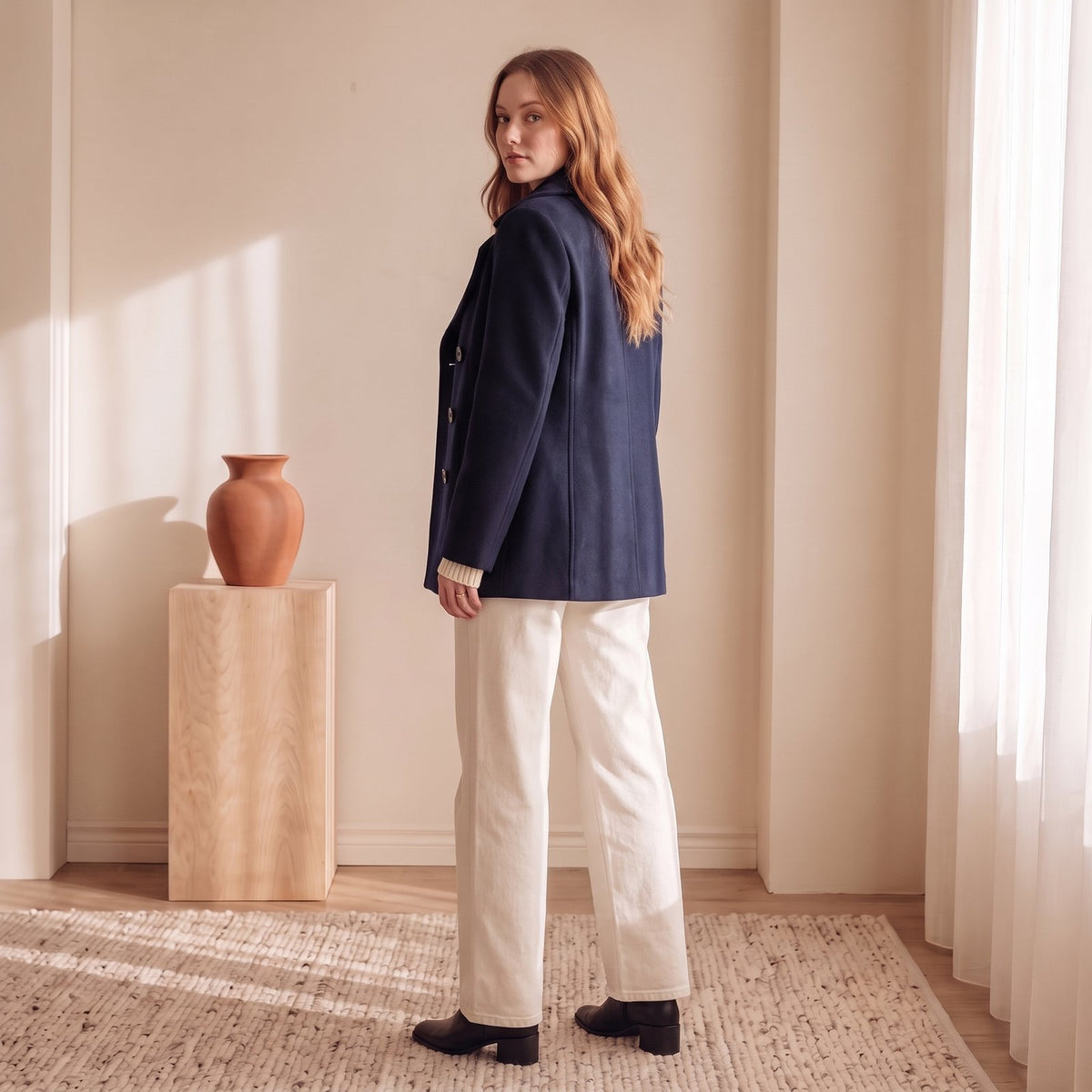 Navy double-breasted peacoat, back view – The Lode Lane