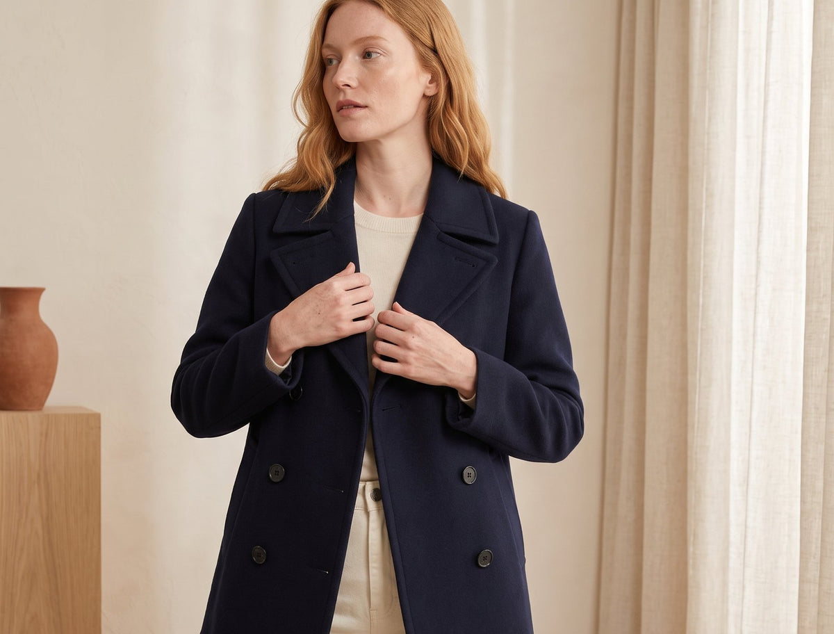 Navy double-breasted peacoat button and lapel detail – The Lode Lane