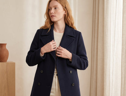 Navy double-breasted peacoat button and lapel detail – The Lode Lane