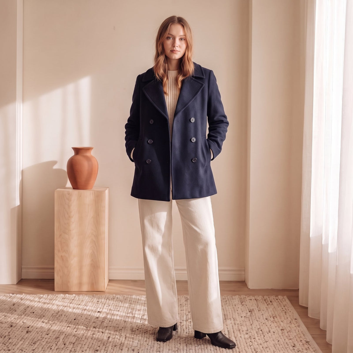 Women's navy double-breasted wool peacoat, front view – The Lode Lane
