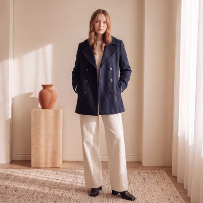 Women's navy double-breasted wool peacoat, front view – The Lode Lane