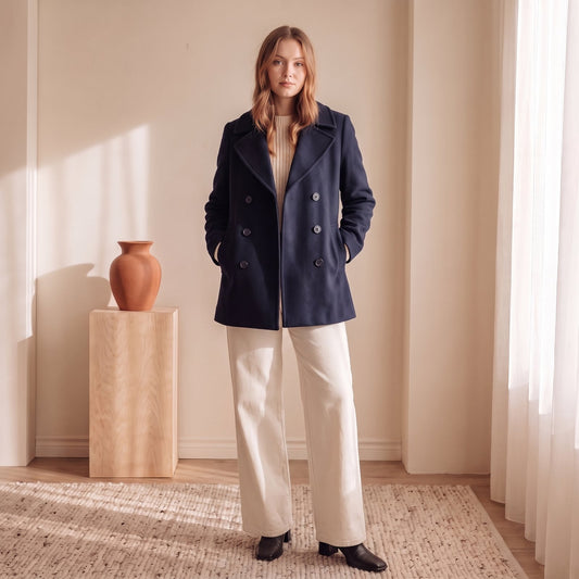 Women's navy double-breasted wool peacoat, front view – The Lode Lane