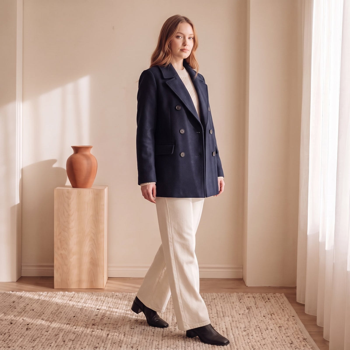 Navy double-breasted peacoat, side view – The Lode Lane