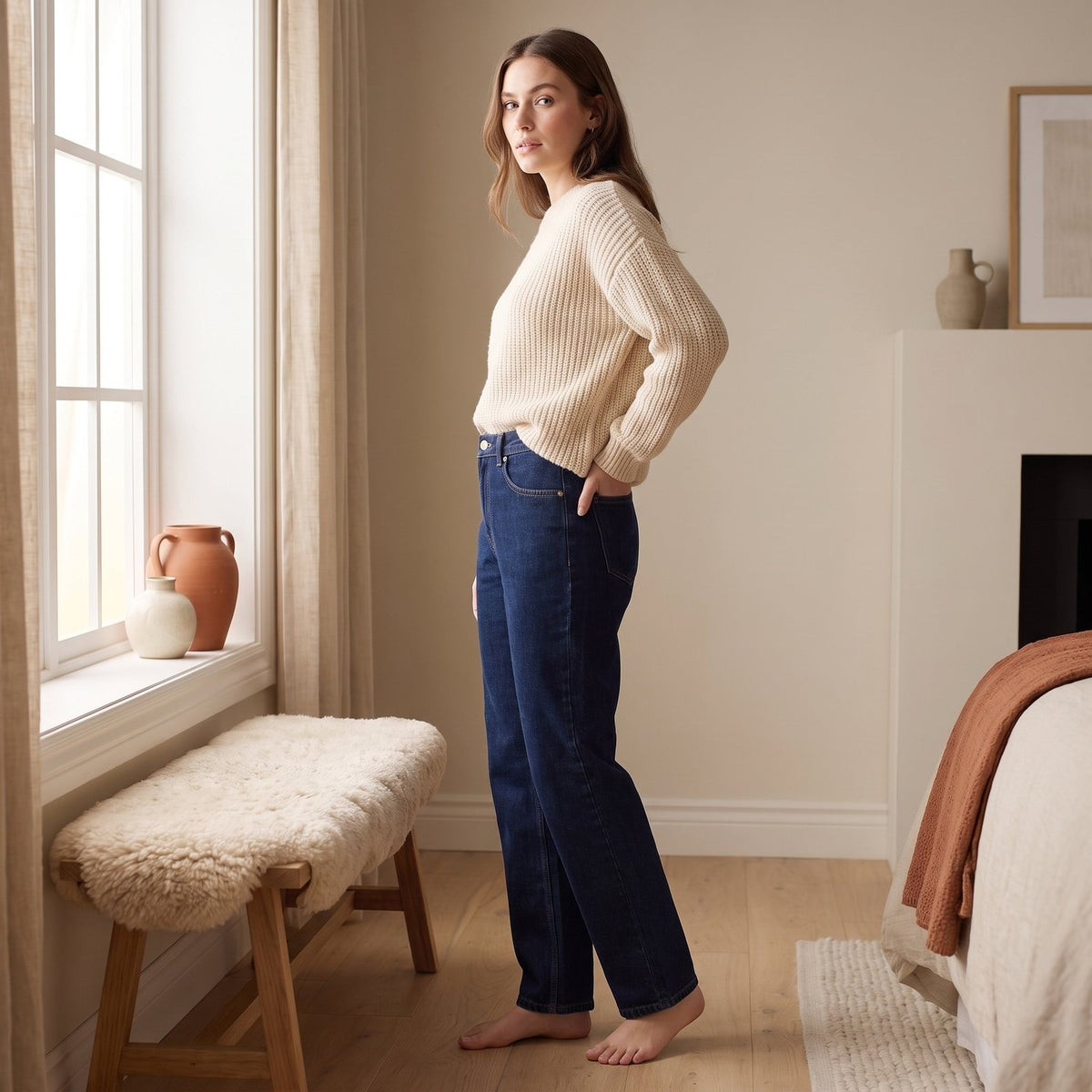 Juno dark wash straight leg jeans side view by The Lode Lane