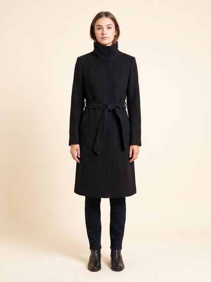 Black funnel neck belted trench coat by Lode Lane